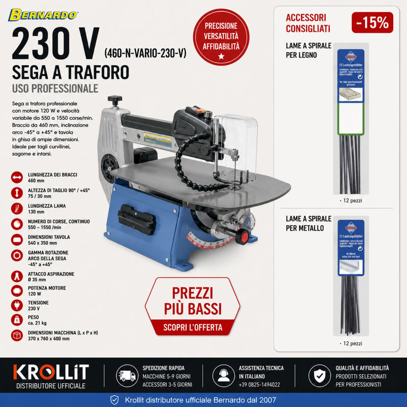 Combo Sega a traforo Bernardo 460 N Vario 230 V + lame con perno 130 mm per legno (12 pz) + lame con perno 130 mm per metallo (12 pz)