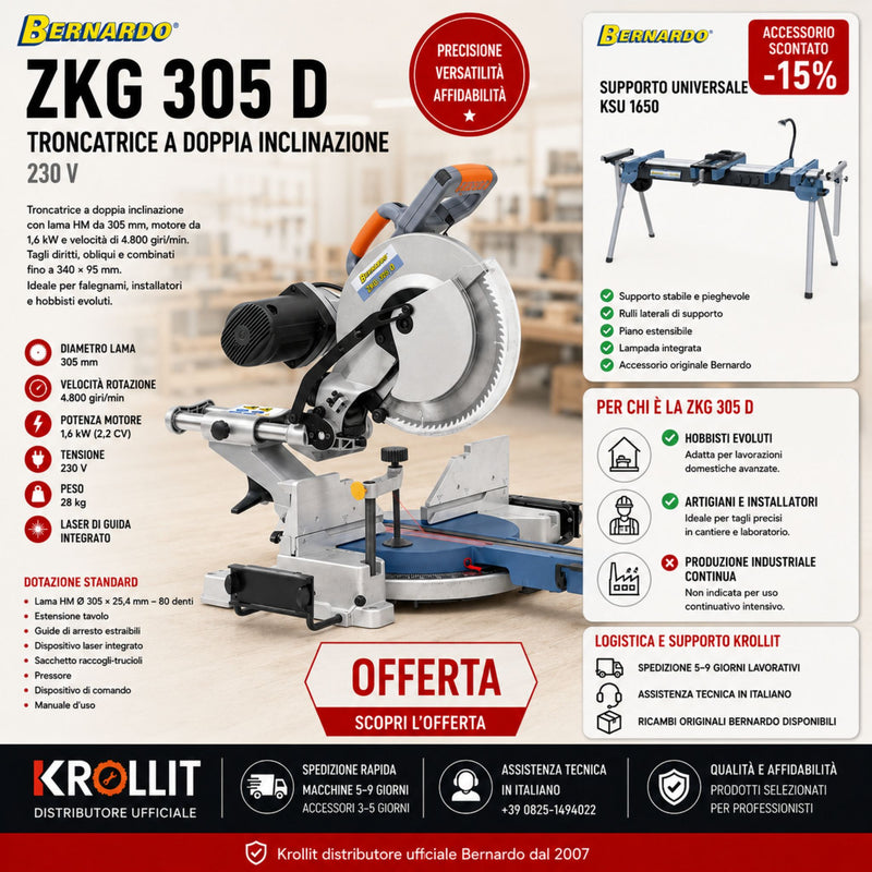 Combo Troncatrice a doppia inclinazione Bernardo ZKG 305 D 230 V + Basamento Bernardo KSU 1560