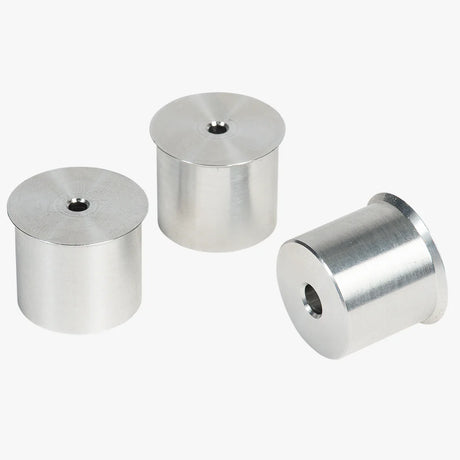 Set 3 cani di revisione in alluminio lavorato a CNC UJK Parf, diametro 20 mm, con foro centrale da 3 mm visibile sulla sommità e collare smussato per inserimento a filo nella superficie del piano multifunzione
