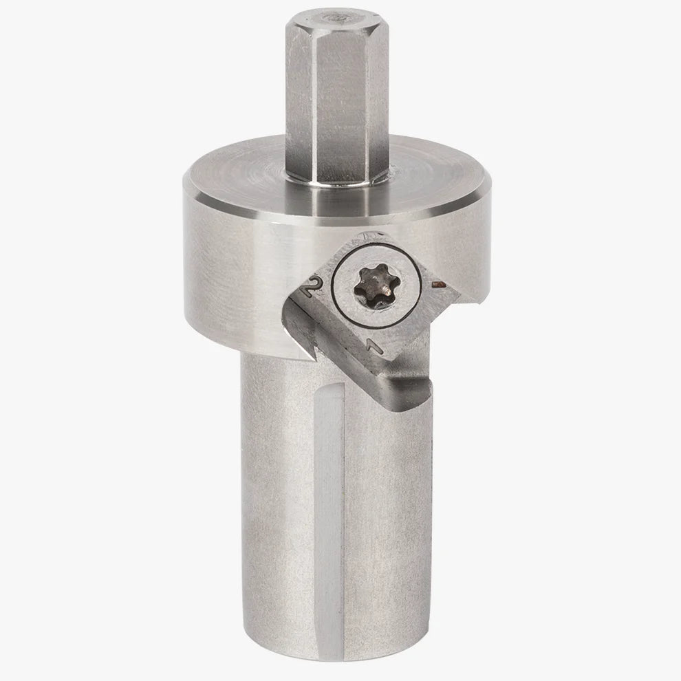 Strumento combinato smusso e alesatura per fori da 20 mm UJK in acciaio inossidabile con attacco esagonale 10 mm, fresa in carburo di tungsteno numerata con vite di fissaggio Torx e fusto cilindrico con taglienti longitudinali per alesatura